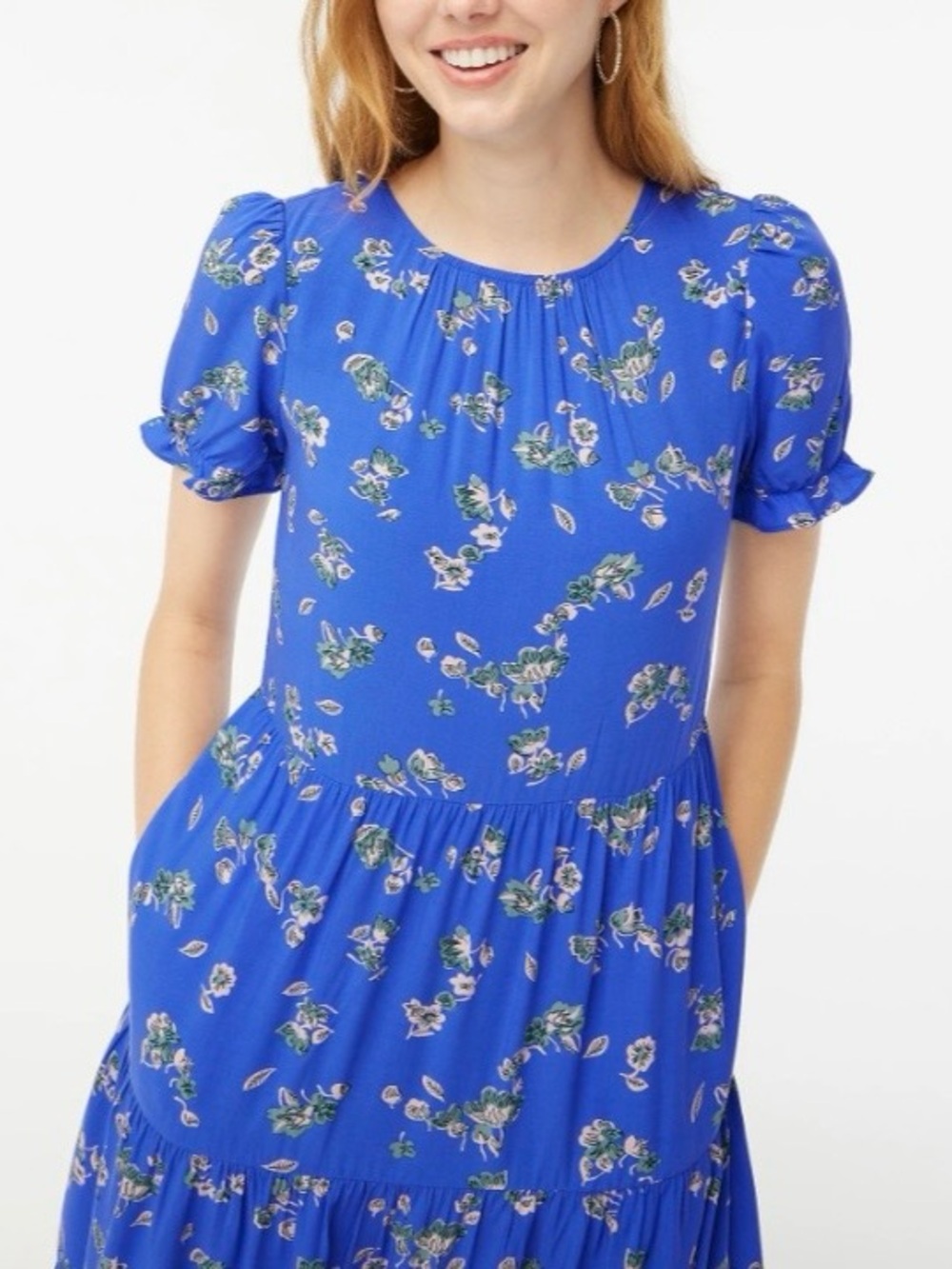 J. Crew Puff-sleeve tiered midi dress Blue Floral Midi Dress